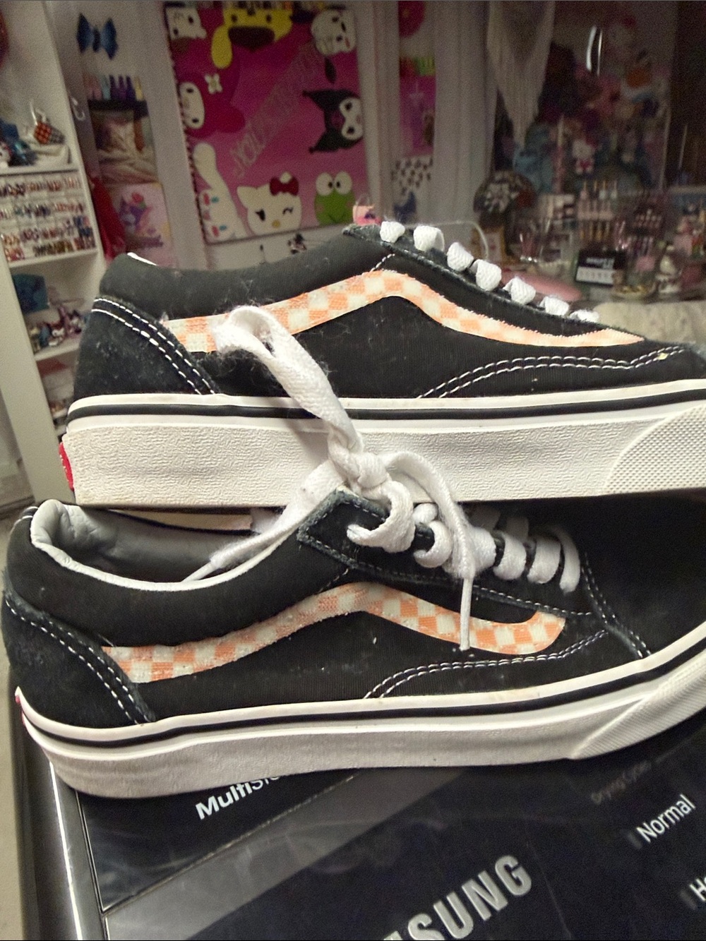 Vans Black Low-Top Sneakers with Peach Check Stripe